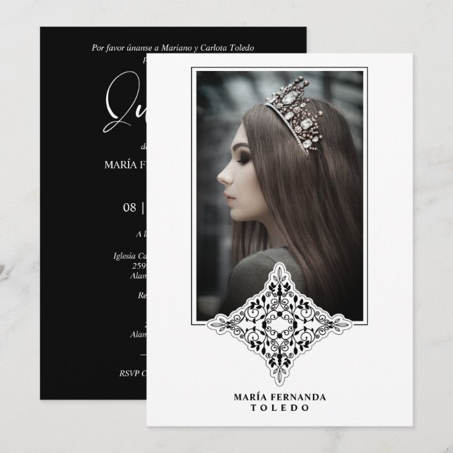 Mis Quince Años Español Foto Efecto Encaje Negro Einladung (Vorne/Hinten)