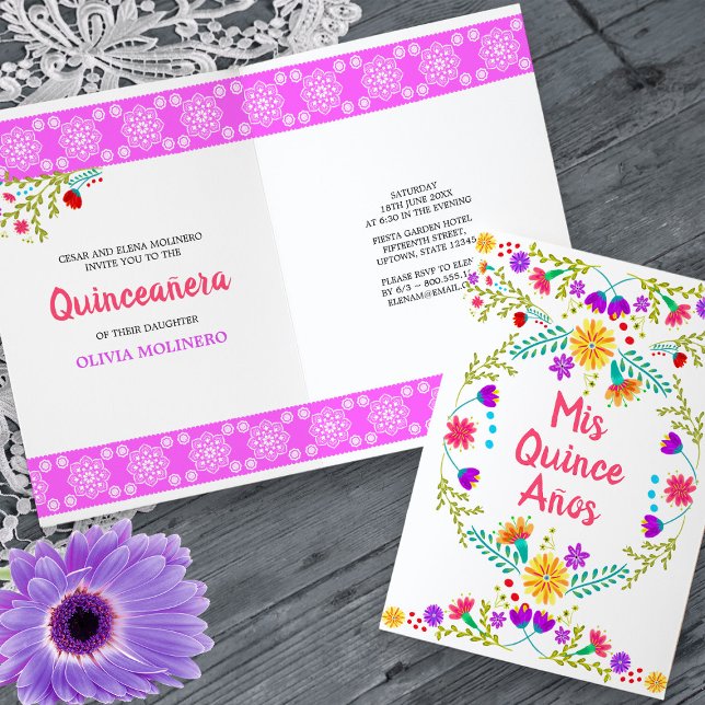 Mis Quince Anos Floral Mexican Fiesta Quinceanera Einladung (Quinceanera Invitation from my Mexican Fiesta Flowers Quinceanera Collection -printed or digital)