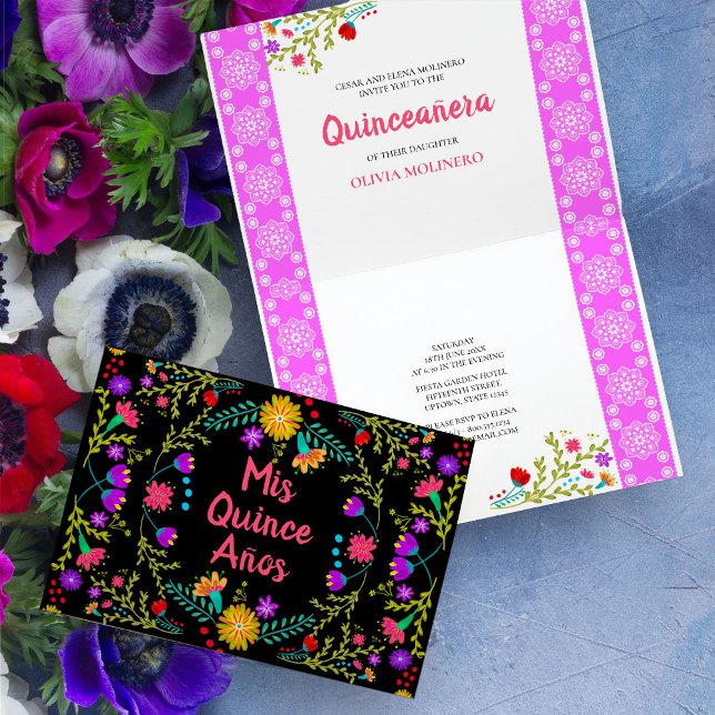 Mis Quince Anos Floral Quinceanera Mexican Fiesta Einladung (Colorful Mis Quince folded invitation  with mexican fiesta flowers and papel picado design inside)