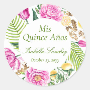 Mis Quince Años Florale Pfingstrosen Zitronen Quin Runder Aufkleber