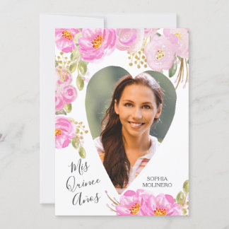 Mis Quince Anos Foto Pink Gold Floral Quinceanera Einladung