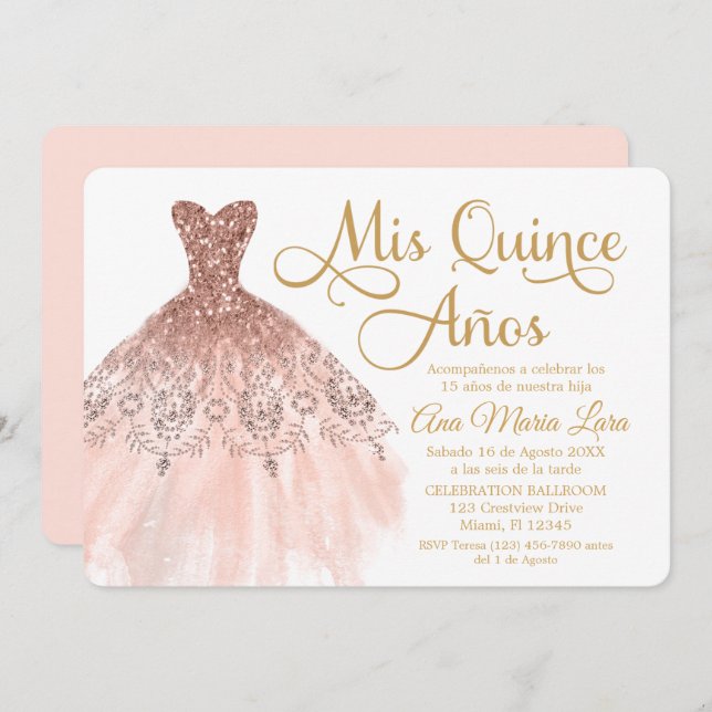 Mis Quince Años Invitación de Quinceañera Rosada Einladung (Vorne/Hinten)