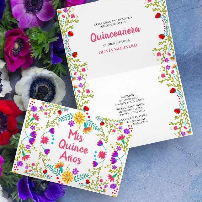 Mis Quince Anos Mexican Fiesta Party Quinceanera Einladung (Colorful Mis Quince folded invitation  with mexican fiesta flowers)