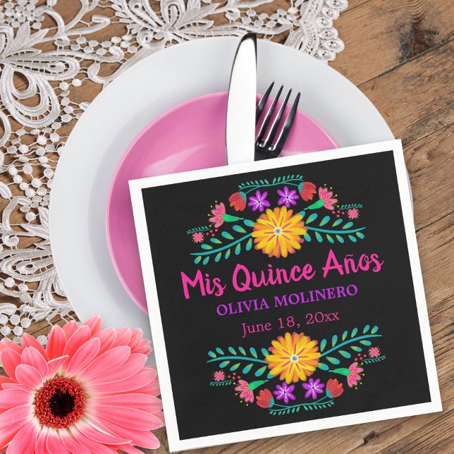 Mis Quince Anos Mexican Fiesta Quincenera Black Serviette (Mis Quince Quinceanera napkins from my Mexican Fiesta Floral collection
)