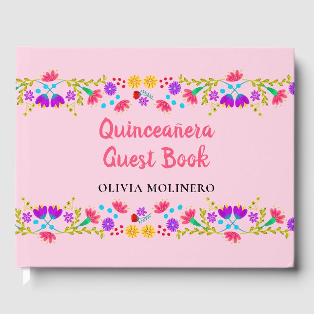 Mis Quince Anos Mexican Floral Pink Quinceanera Gästebuch (Vorderseite)