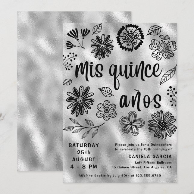 Mis Quince Años Modern Silver Floral Quinceañera Einladung (Vorne/Hinten)