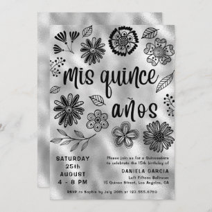 Mis Quince Años Modern Silver Floral Quinceañera Einladung