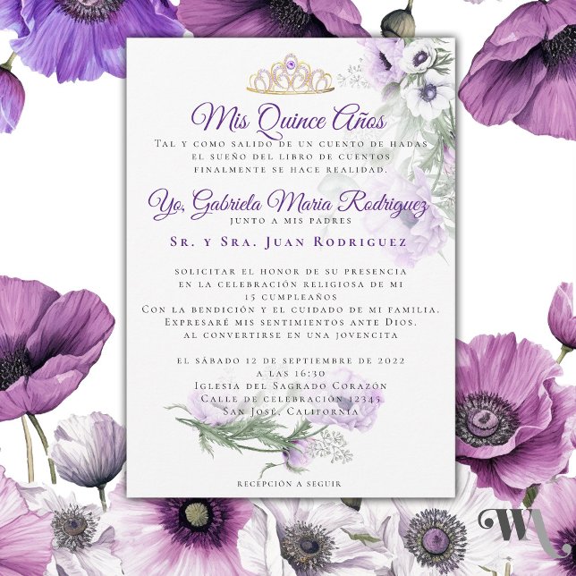 Mis Quince Años Modernos Einladung (Hermosa invitación de Quince años de Amapolas Lilas -Beautiful Lilac Poppies Quince Años invitation )