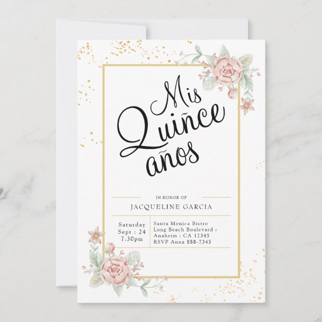 Mis Quince Anos Pink Floral Quinceañera Einladung (Vorderseite)