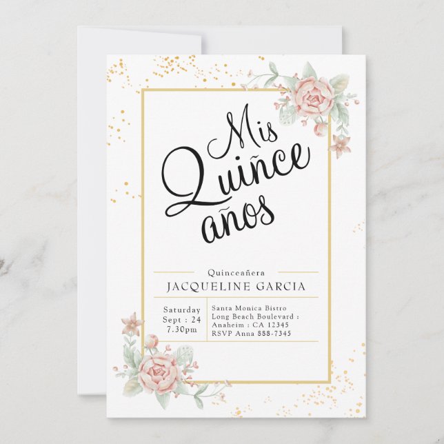 Mis Quince Anos Pink Floral Quinceañera Einladung (Vorderseite)