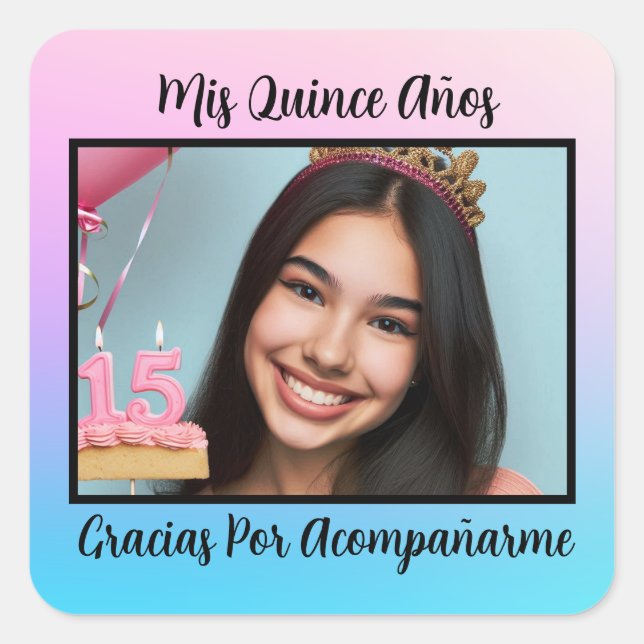 Mis Quince Años Quinceañera Gracias Con Foto Quadratischer Aufkleber (Vorderseite)