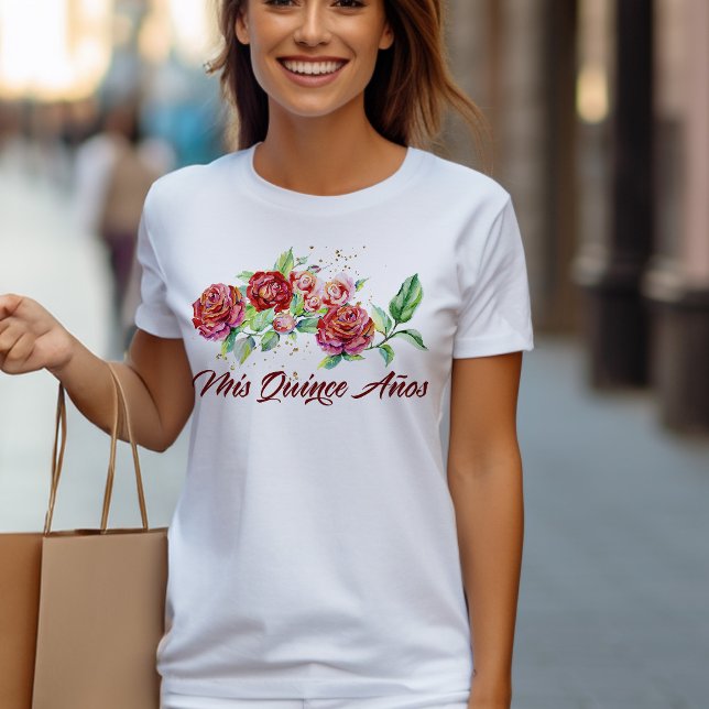 Mis Quince Anos Rote Rosen Floral Quinceanera T-Shirt (Mis Quince birthday t-shirt from my Vintage Floral Red Roses Quinceanera Collection)