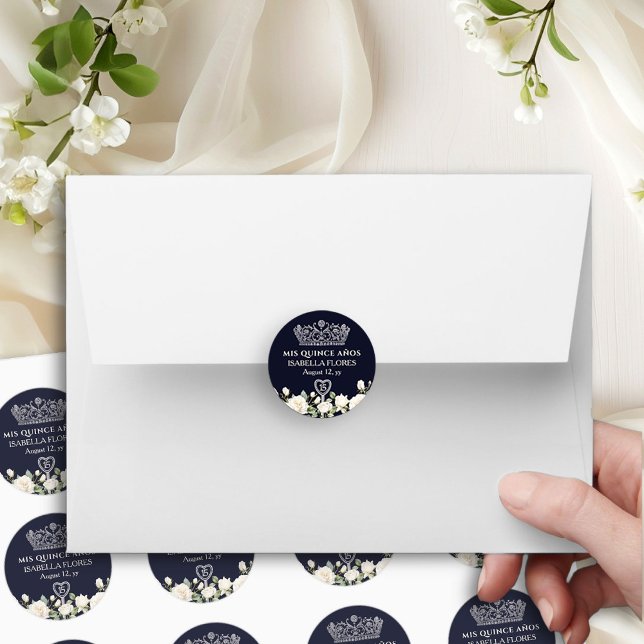 Mis Quince Anos Tiara und Rose Blue Quinceanera Runder Aufkleber (Mis Quince Anos stickers  from the Princess Dress and Roses Quinceanera collection by Darling & May)