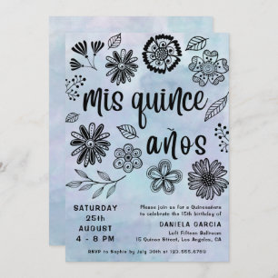 Mis Quince Años Watercolor Blue Floral Quinceañera Einladung