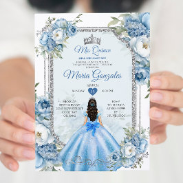 Mis Quince Blue Floral Silver Crown Quinceañera Einladung