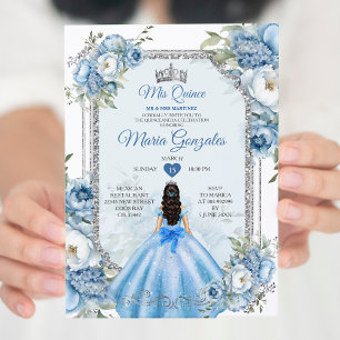 Mis Quince Blue Floral Silver Crown Quinceañera Einladung