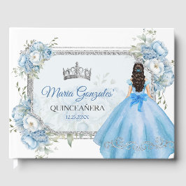 Mis Quince Blue Floral Silver Crown Quinceañera Gästebuch