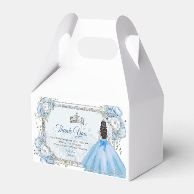 Mis Quince Blue Floral Silver Crown Quinceañera Geschenkschachtel (Vorderseite)