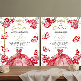 Mis Quince Budget Einladung Bilingual Red Floral