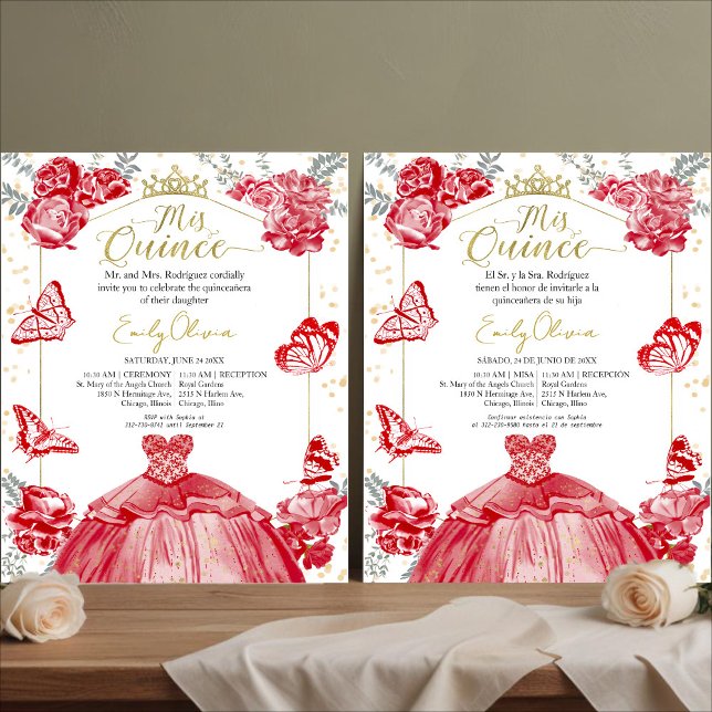 Mis Quince Budget Einladung Bilingual Red Floral (Von Creator hochgeladen)