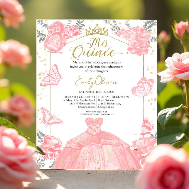 Mis Quince Budget Einladung Rosa Kleid Floral (Von Creator hochgeladen)
