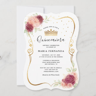 Mis Quince Burgund Blush Gold Floral Quinceanera Einladung