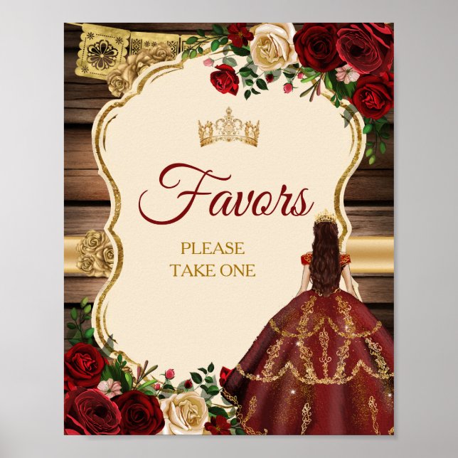 Mis Quince Burgundy Floral Rustikale Favoriten Poster (Vorne)