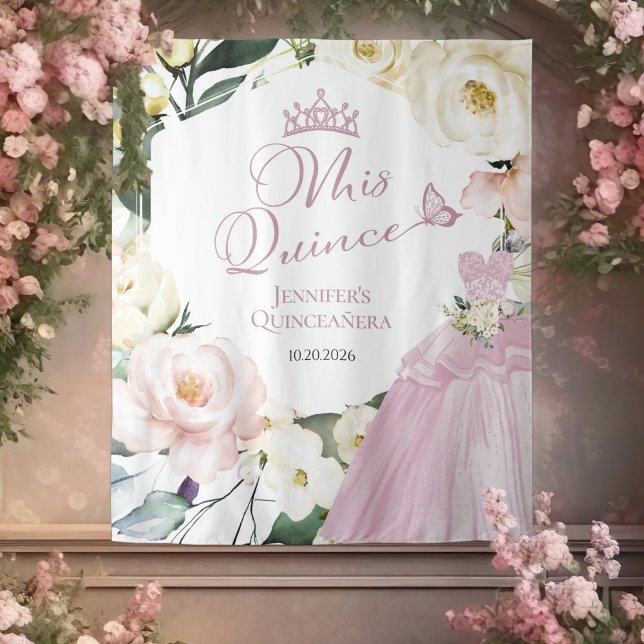 Mis Quince | Dress Floral Quinceañera Backdrops Wandteppich (Von Creator hochgeladen)