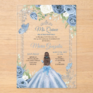 Mis Quince Dusty Blue & Silver Floral Quinceañera Acryleinladungen