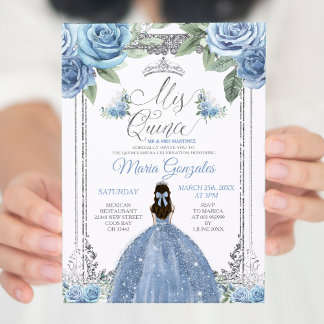 Mis Quince Dusty Blue & Silver Floral Quinceañera Einladung