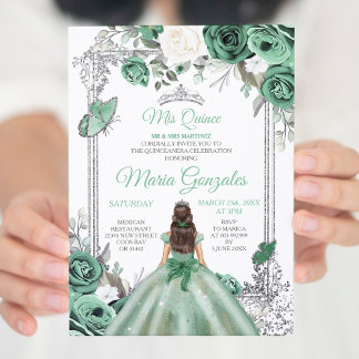 Mis Quince Dusty Green & Silver Floral Quinceanera Einladung