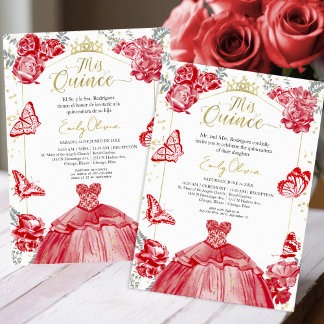 Mis Quince Einladung Bilingual Red Dress Floral