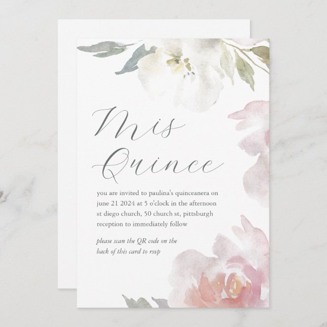 Mis Quince Floral Birthday Quinceañera QR-Code Einladung (Vorne/Hinten)
