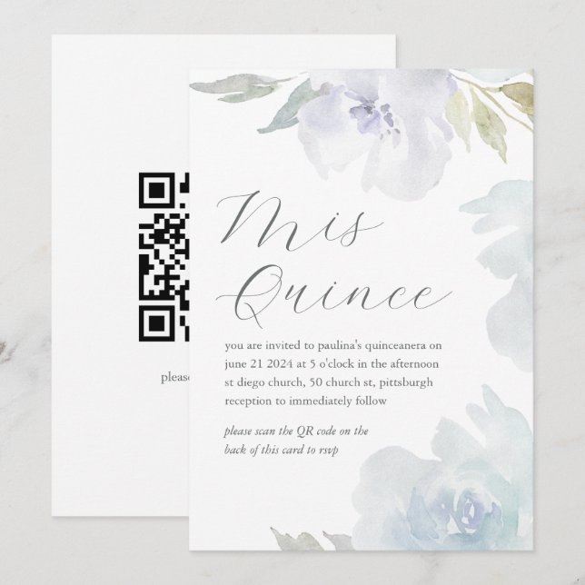 Mis Quince Floral Birthday Quinceañera QR-Code Einladung (Vorne/Hinten)
