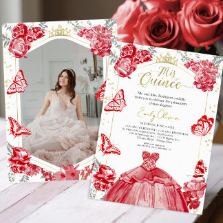 Mis Quince Foto Einladung Red Floral Gold Foil