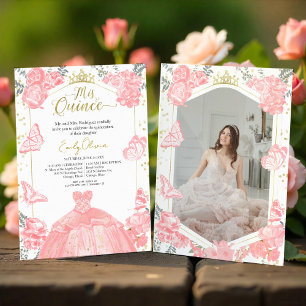 Mis Quince Foto-Einladung Rosa Blumen Goldfolie Einladung