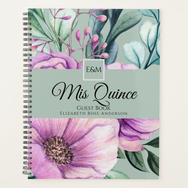 Mis QUINCE Lila Floral Quinceanera GUESTBOOK NEU Planer (Vorderseite)