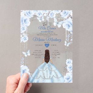 Mis Quince Soft Blau & Silber Blumen Quinceañera Acryleinladungen