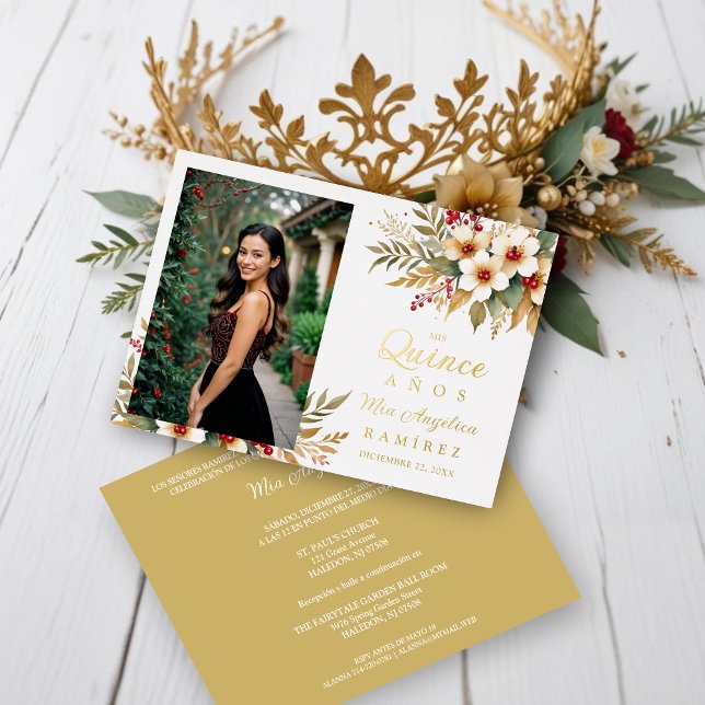 Mis XV Delicate Christmas Spanish Floral Photo Folieneinladung (Delicate Christmas Faux Gold & Red Shades Floral Botanical Bouquets Photo Quinceañera Metallic Foil )