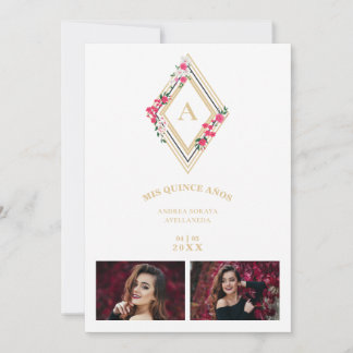 Mis XV Initial 2 Photos Gold effect Floral Diamond Einladung