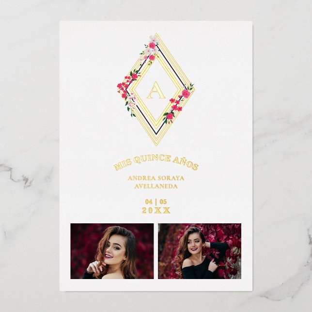 Mis XV Initial 2 Photos Gold Effect Floral Diamond Folieneinladung (Vorderseite)