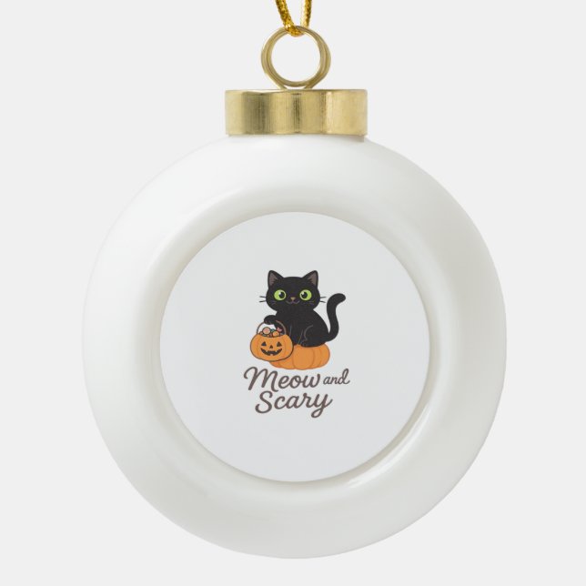 Mischeuvous Black Cat mit leuchtenden grünen Augen Keramik Kugel-Ornament (Vorderseite)