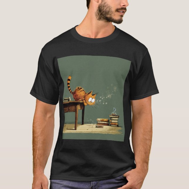 Mischief Cat Knocking Books – Whimsical Illustrati T-Shirt (Vorderseite)