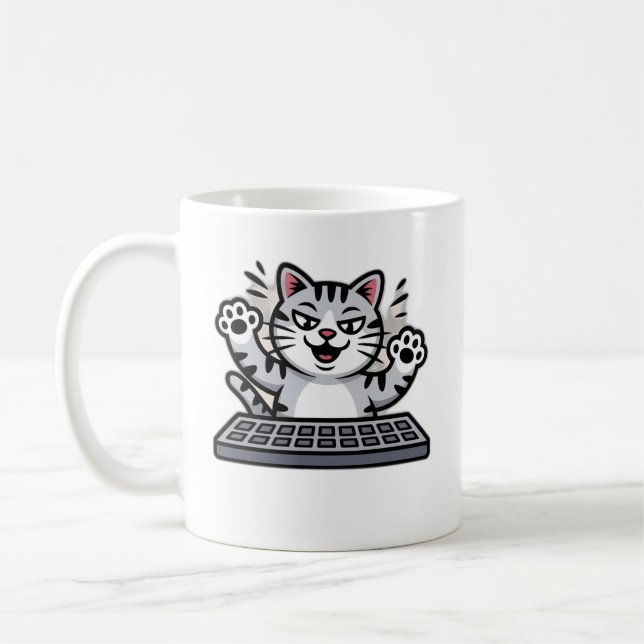 Mischievous Cartoon Cat at Keyboard Kaffeetasse (Links)