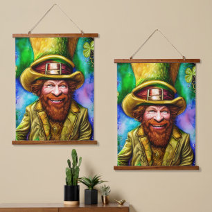 Mischous Green Leprechaun mit Klee Wandteppich Mit Holzrahmen