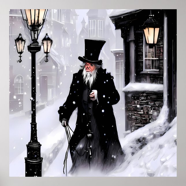 Miserly Ebenezer Scrooge Snowy Viktorianisch Stree Poster (Vorne)