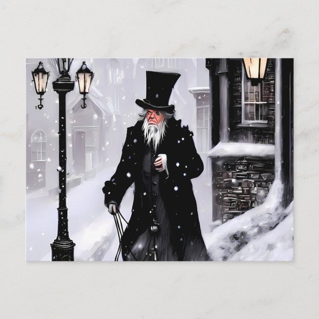 Miserly Ebenezer Scrooge Snowy Viktorianisch Stree Postkarte (Vorderseite)