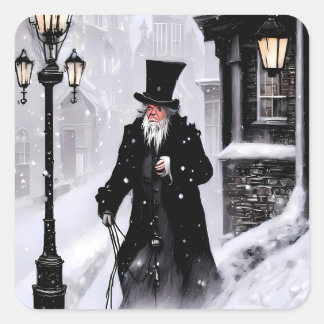 Miserly Ebenezer Scrooge Snowy Viktorianisch Stree Quadratischer Aufkleber