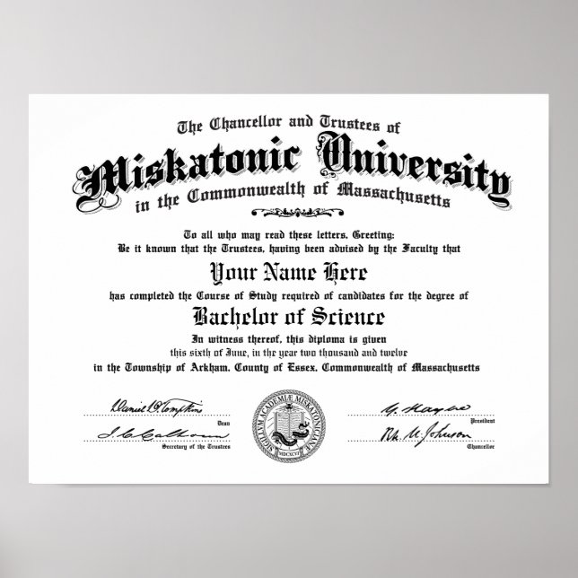 Miskatonic University Diploma — Geben Sie Ihren Na Poster (Vorne)