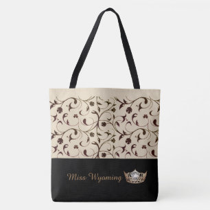 Miss America Gold Crown Tote Bag Brown Scrolls